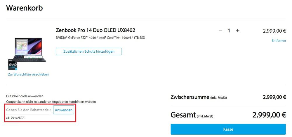 Screenshot vom Warenkorb mit Eingabefeld zum Asus Gutschein einlösen