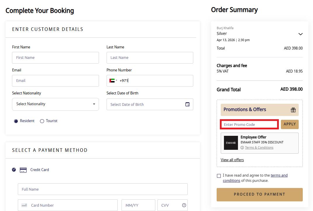 At the Top, Burj Khalifa discount code box during booking process