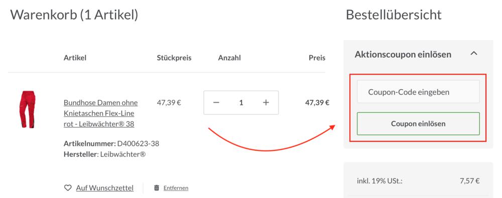 Warenkorb-Screenshot mit Eingabefeld für deinen ATS Arbeitsschutz Gutschein