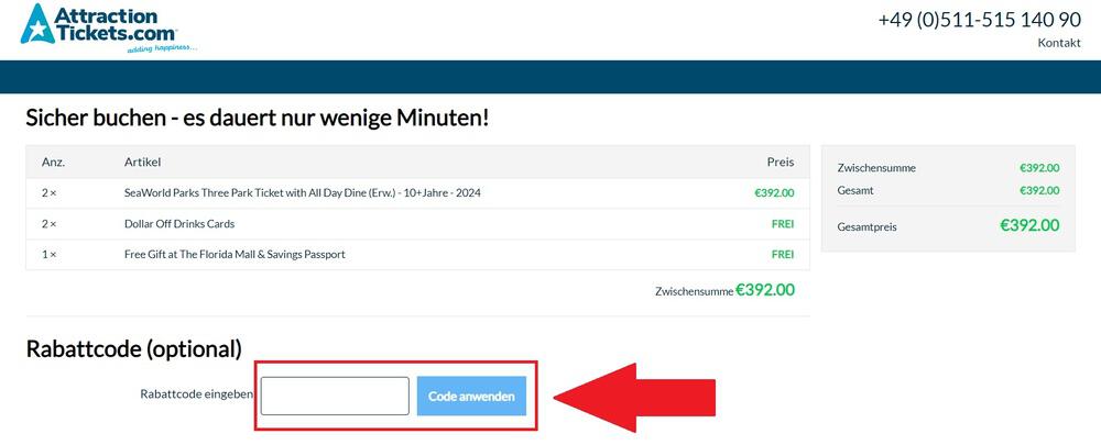 Screenshot der Buchungsseite mit Eingabefeld für einen Attraction Tickets Gutschein