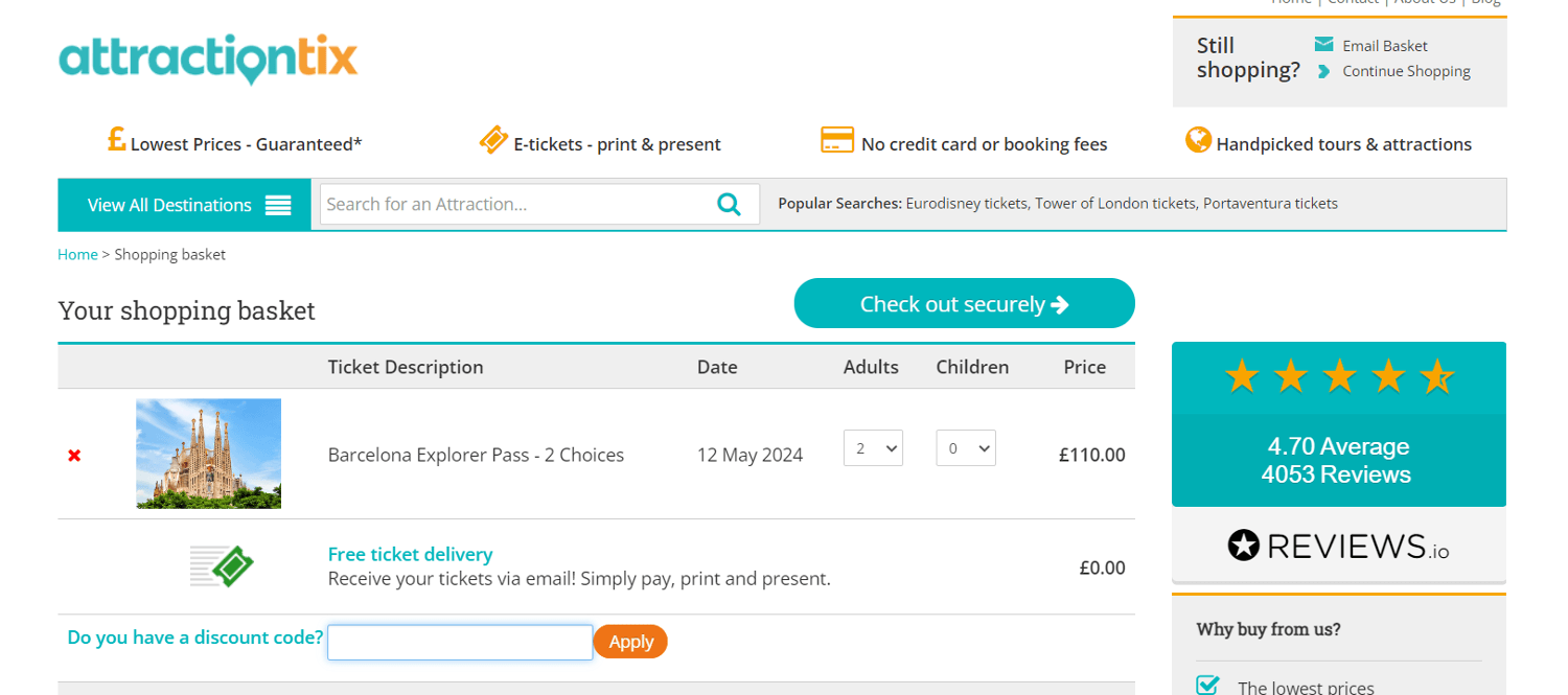 Screenshot of the AttractionTix discount code box at the online shopping basket