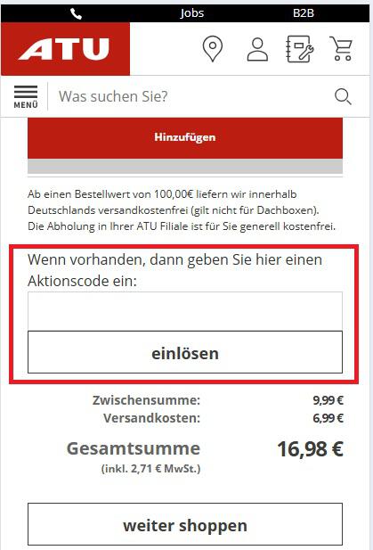 Eingabefeld für ATU Gutschein im Online Shop