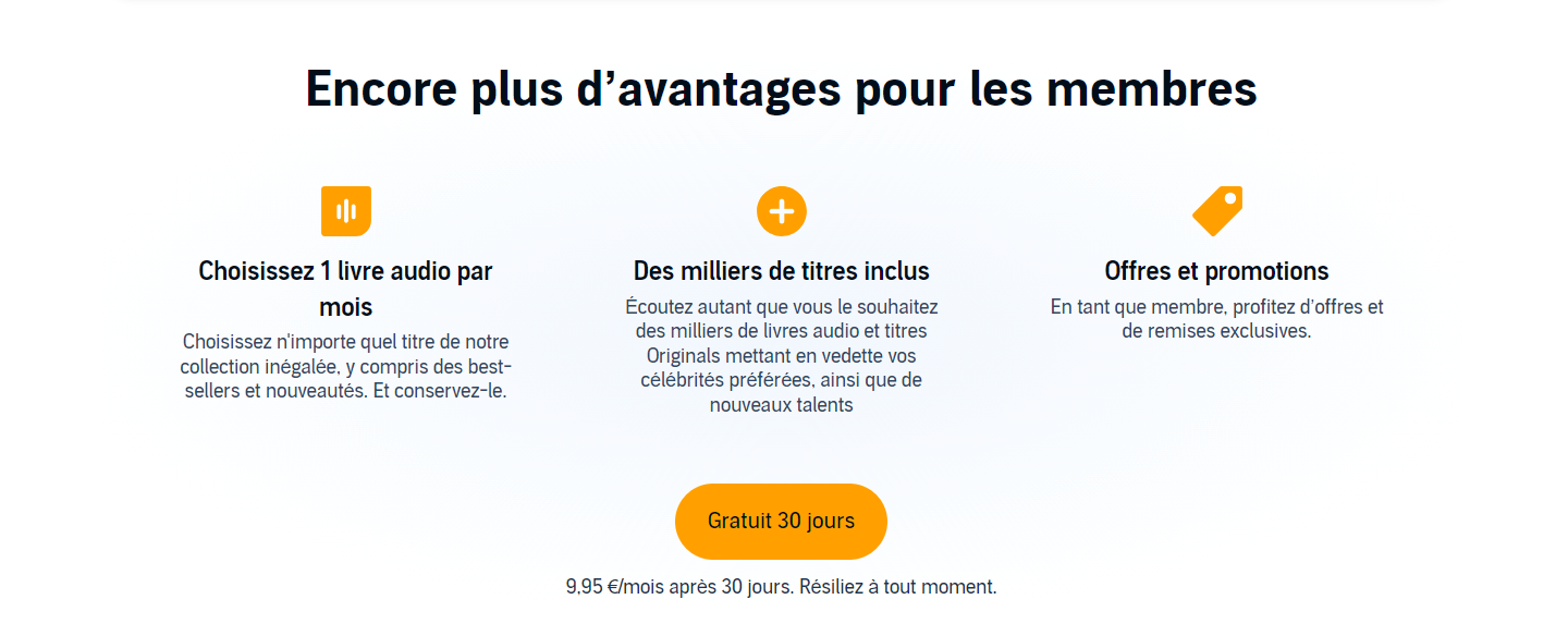 présentation des avantages compris dans l&apos;abonnement Audible