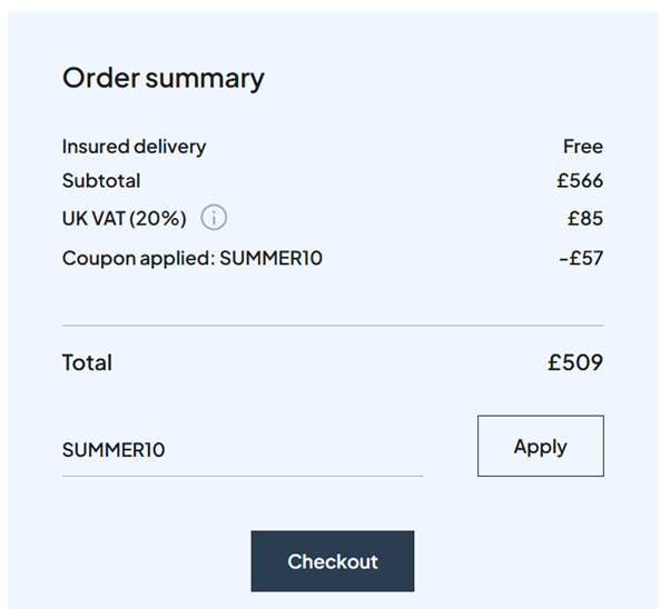 Austen and Blake discount code box on order summary page, displaying item details, quantities, prices, and total cost for the completed order