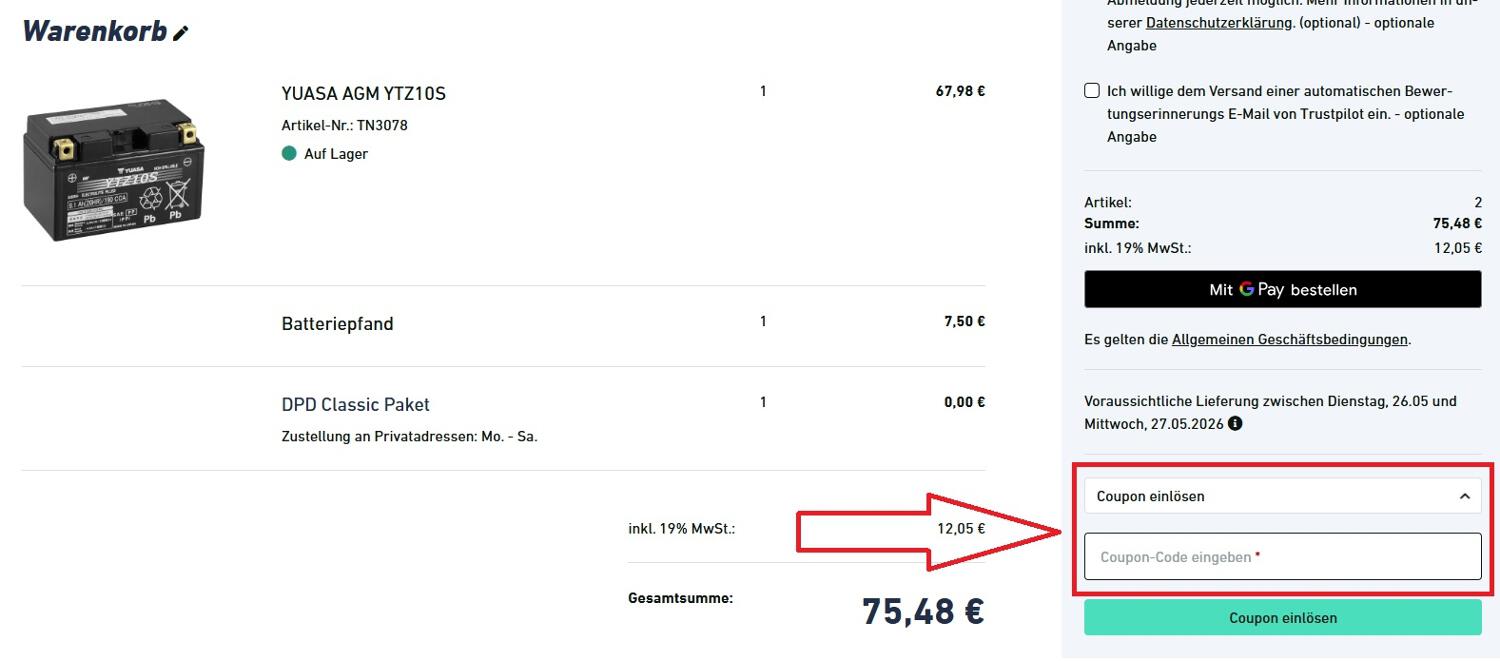 Screenshot vom Eingabefeld mit Hinweis darauf, wo du den Autobatterienbilliger Gutschein einlösen kannst
