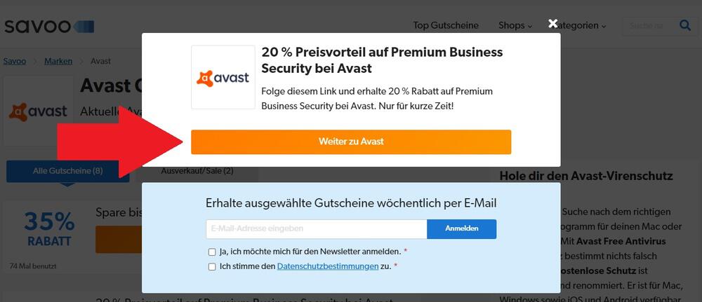 Screenshot: Avast-Gutschein von Savoo mit Klick auf "Weiter zu Avast" einlösen