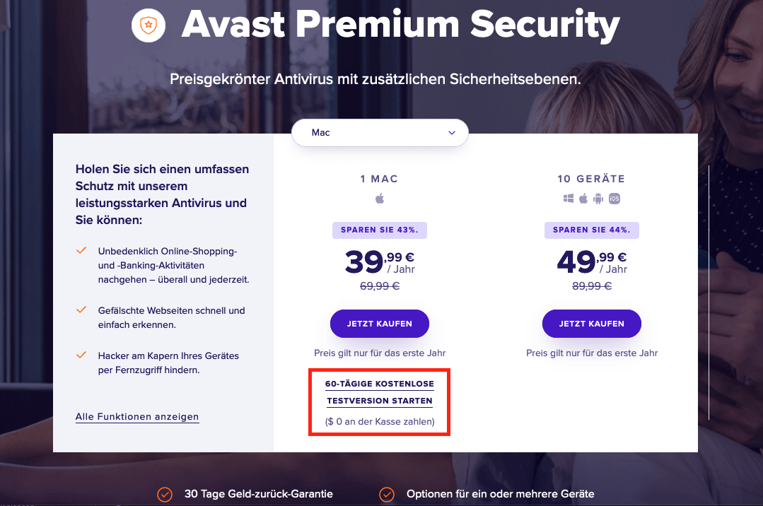 Teste Avast 60 Tage lang kostenlos.
