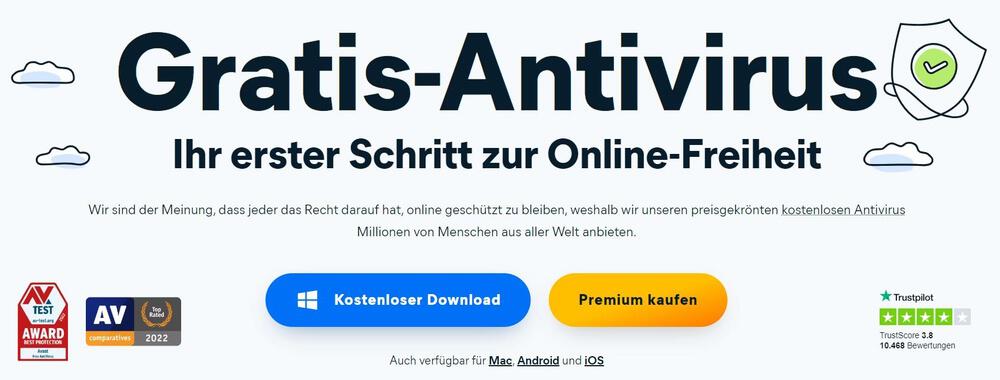 Du kannst Avast kostenlos downloaden: Banner mit Aufschrift "Gratis-Antivirus – Ihr erster Schritt zur Online-Freiheit" und verschiedene Gütesiegel von Avast