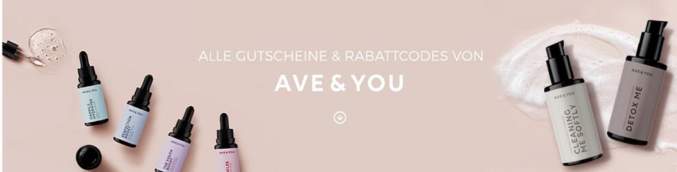 Auswahl an AVE & YOU Produkte vor beigem Grund mit Firmenlogo und Hinweis auf AVE & YOU Gutscheine und Aktionen