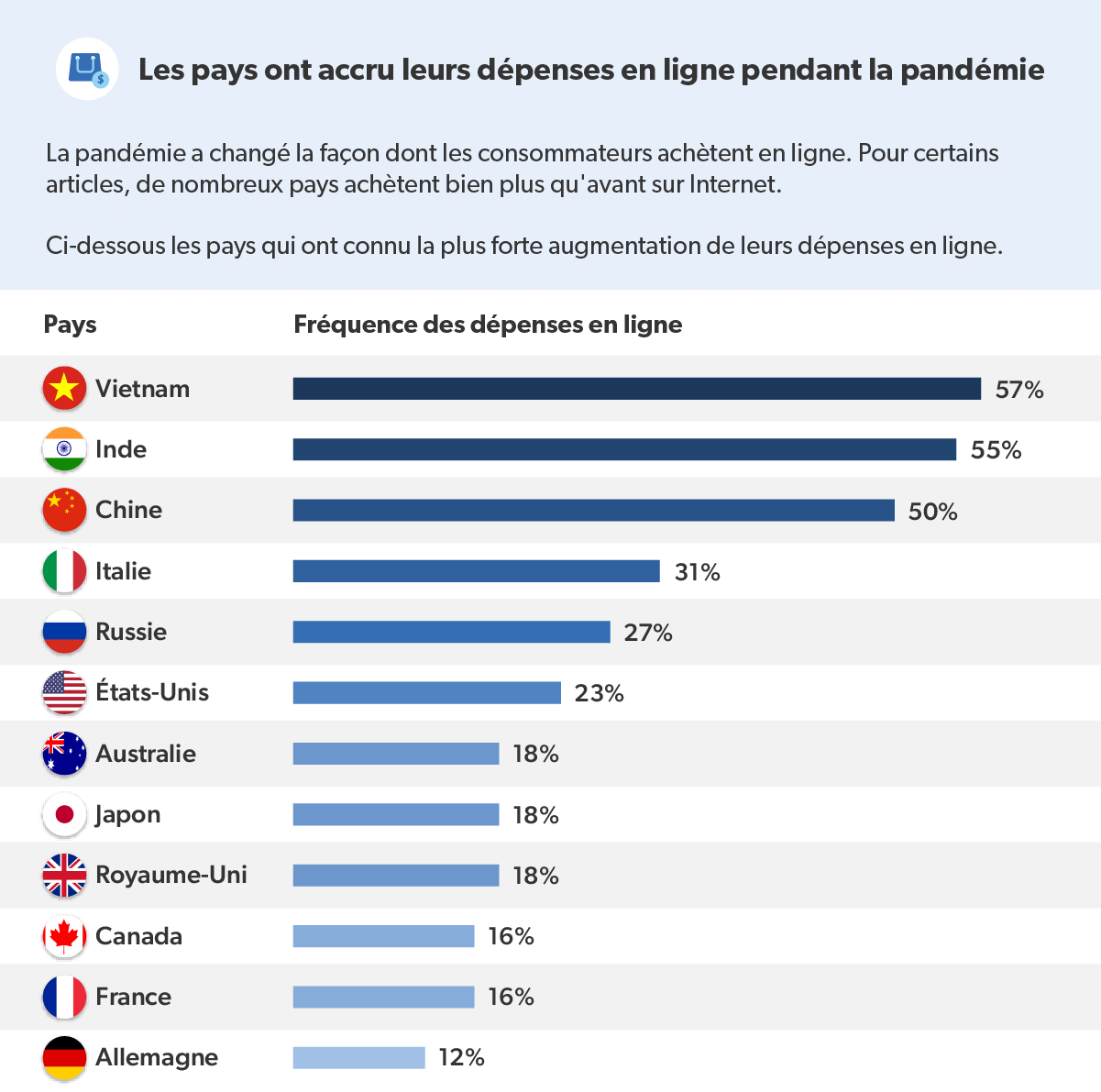 Infographie présentant les pays ayant augmenté leurs dépenses en ligne pendant la pandémie
