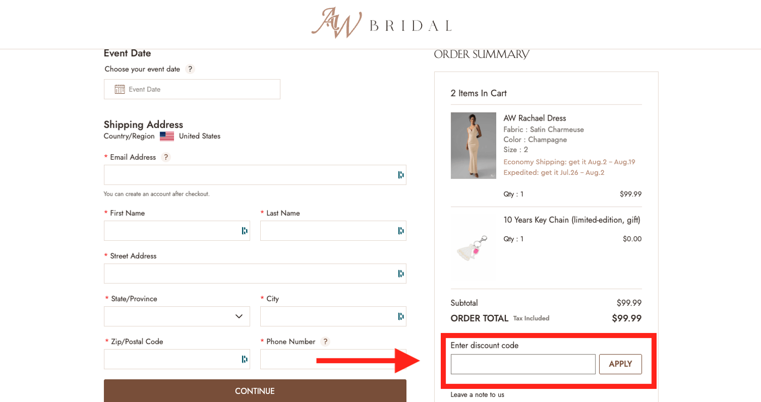 AW Bridal coupon code box at checkout