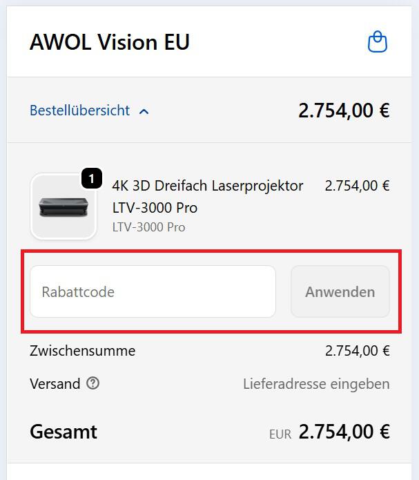 Screenshot der Bestellübersicht mit Eingabefeld für den AWOL Vision Gutschein