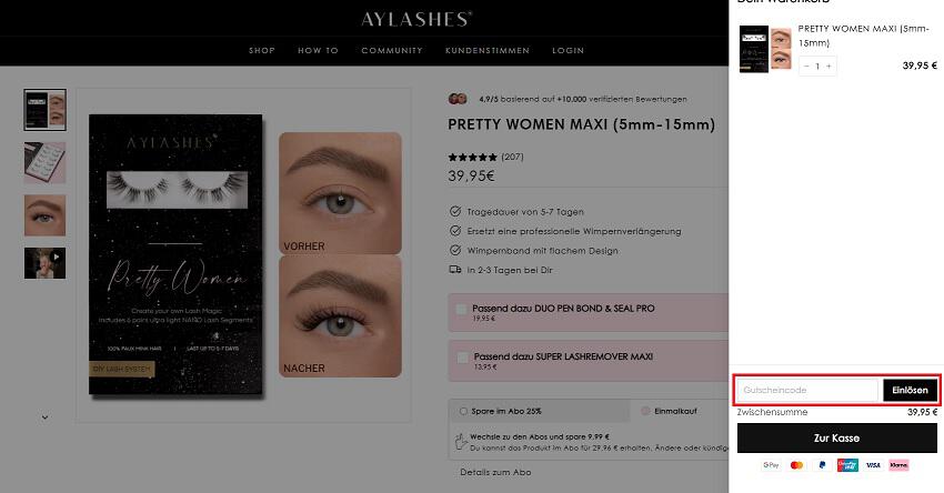 img: aylashes-gutschein-einloesen / alt: Screenshot aus dem Warenkorb mit Hinweis darauf, wo du den Aylashes Gutschein einlösen kannst.
