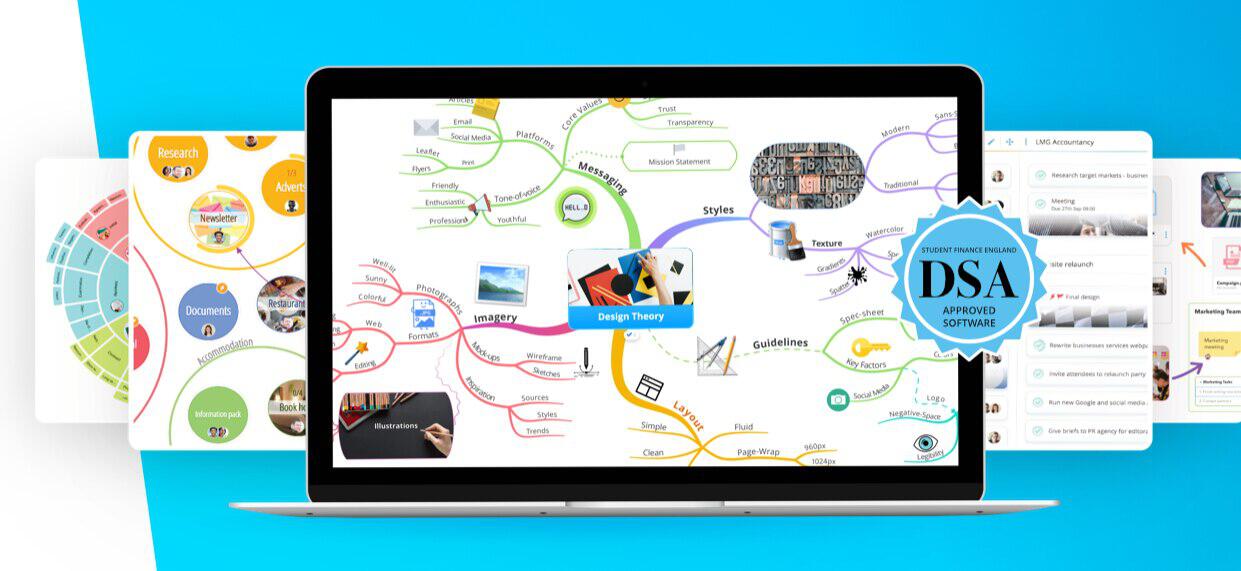 Ayoa ways to save banner. Image shows a laptop demonstration various different Ayoa tools on a blue background