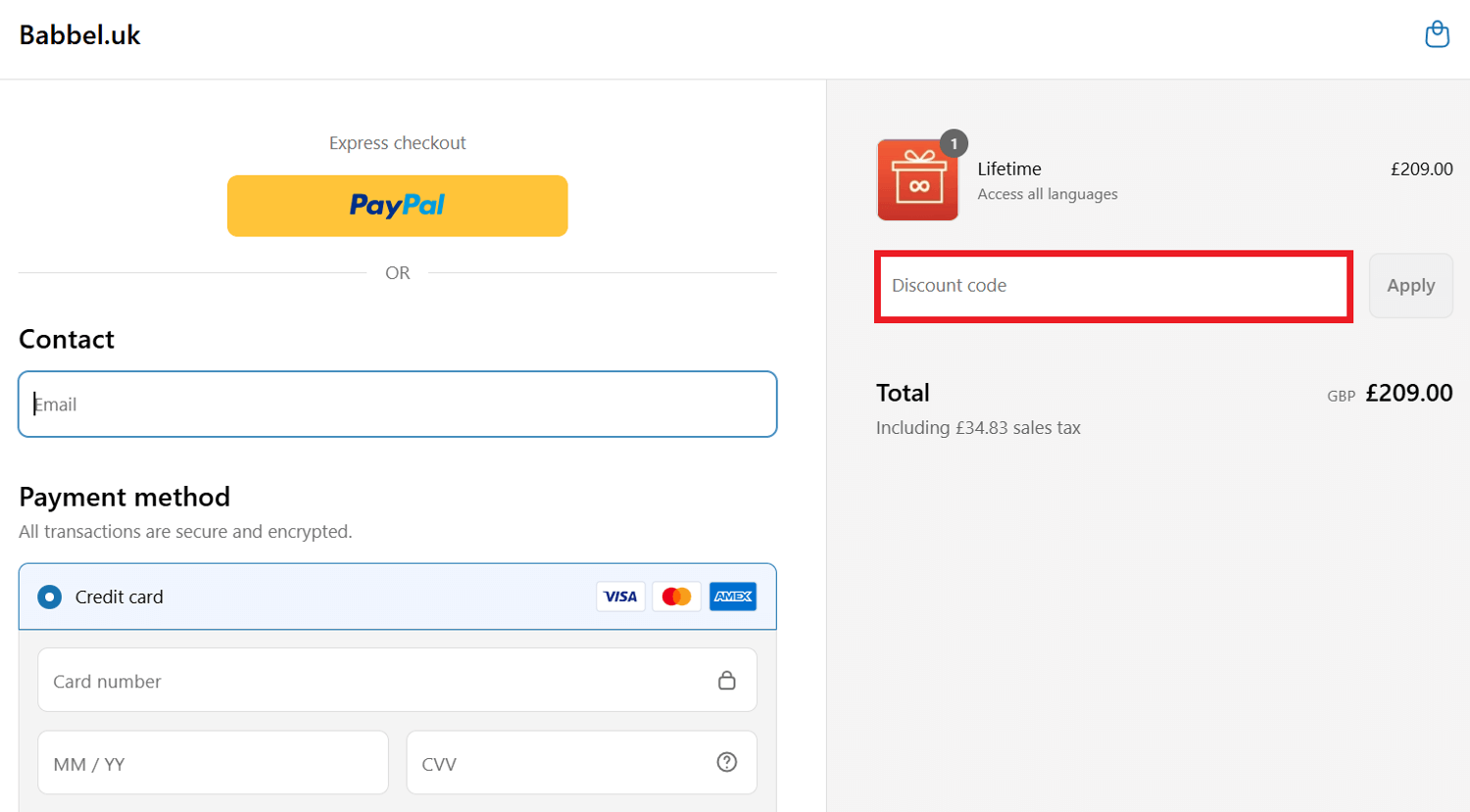 Babbel discount code box during checkout