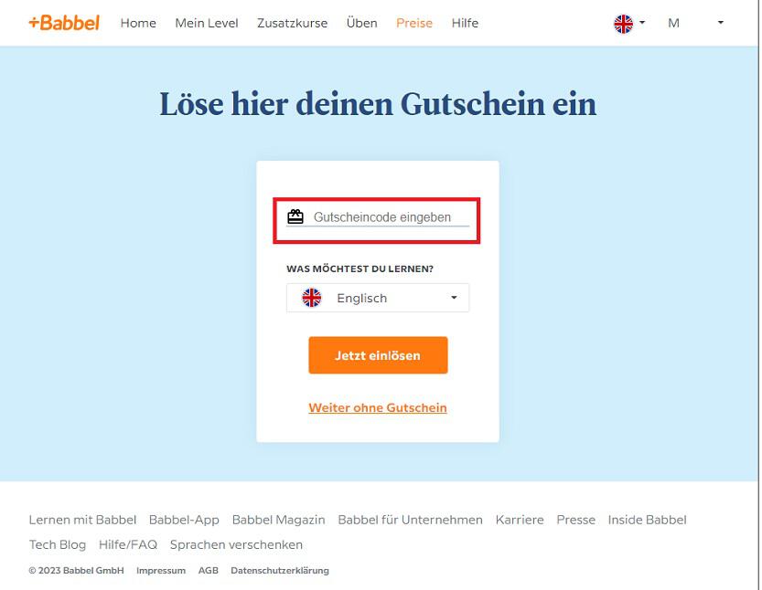 Screenshot aus dem Warenkorb mit Eingabefeld, wo du den Babbel Gutschein einlösen kannst