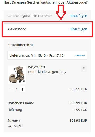 Screenshot von der Bestellübersicht, um einen baby-walz Gutschein einzulösen