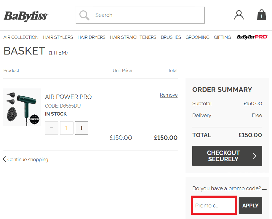 BaByliss discount code box in shopping basket image