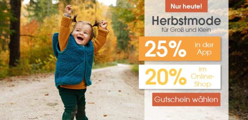 Banner für 25 % App Rabatt auf Babymarkt Kinderbekleidung für den Herbst