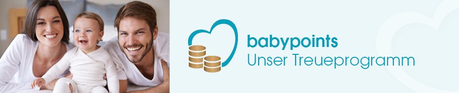 Banner für das Babymarkt Treueprogramm „Babypoints“ mit Foto von Mann, Frau und Baby
