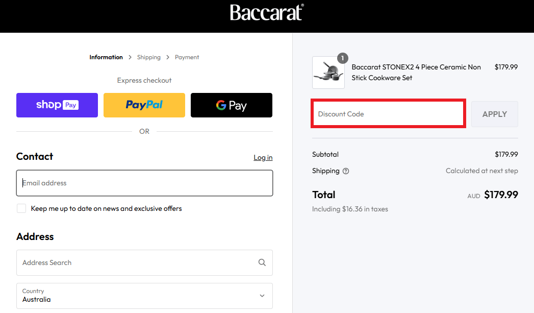 Baccarat discount code box in shopping cart image