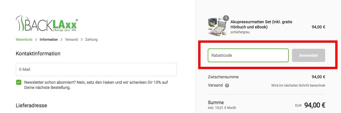 Warenkorbansicht mit Feld zum Einfügen des Backlaxx-Rabattcodes