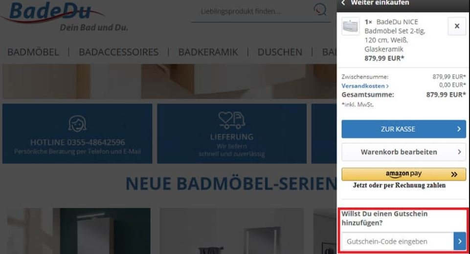 Screenshot vom Warenkorb mit Eingabefeld zum Hinzufügen vom BadeDu-Gutschein
