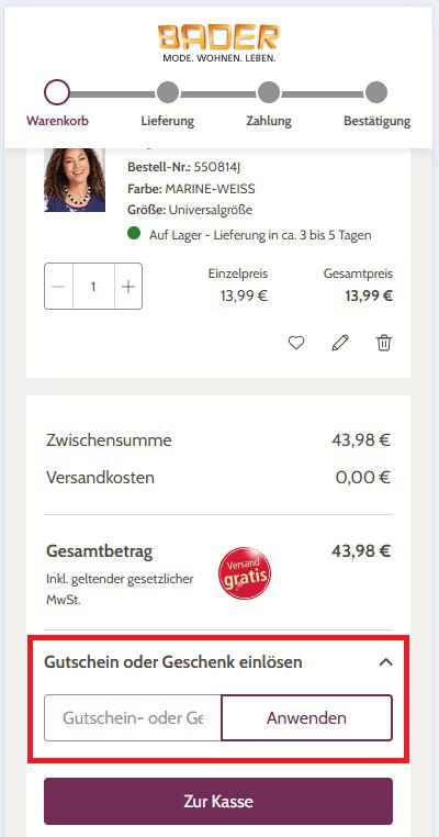 Eingabefeld für einen Bader Gutschein in der Warenkorbansicht