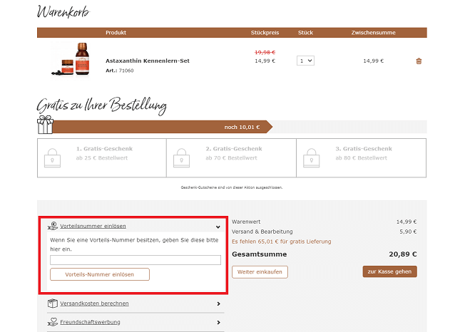 Warenkorbansicht im Online-Shop mit Eingabefeld für Bärbel Drexel Gutscheine und Rabattcodes