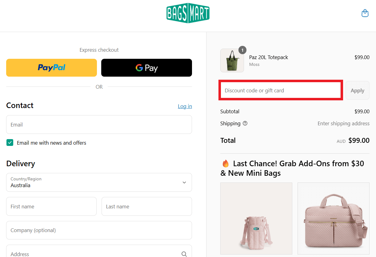 Bagsmart discount code box in shopping cart image