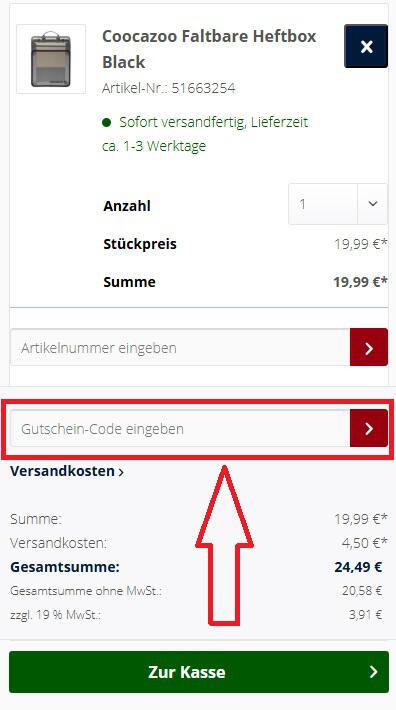 Screenshot vom Eingabefeld mit Hinweis darauf, wo du den BagsOnline Gutschein einlösen kannst