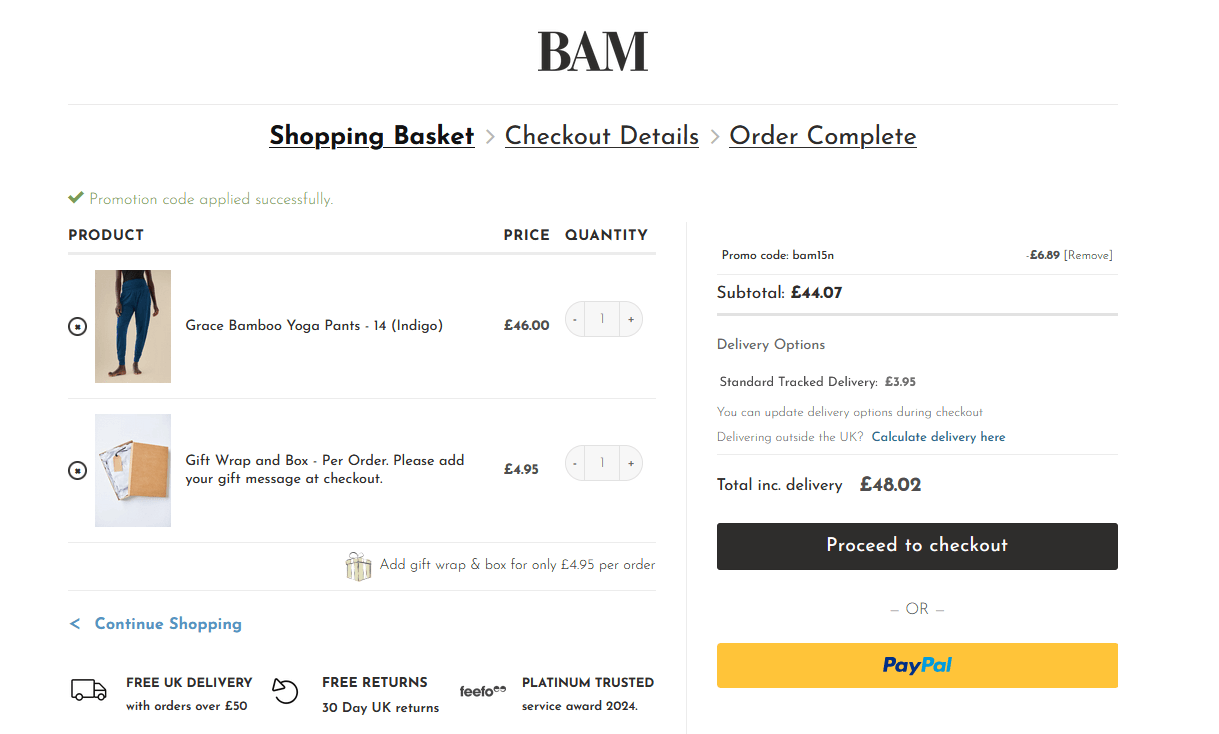 BAM discount code redemption box at the online checkout window