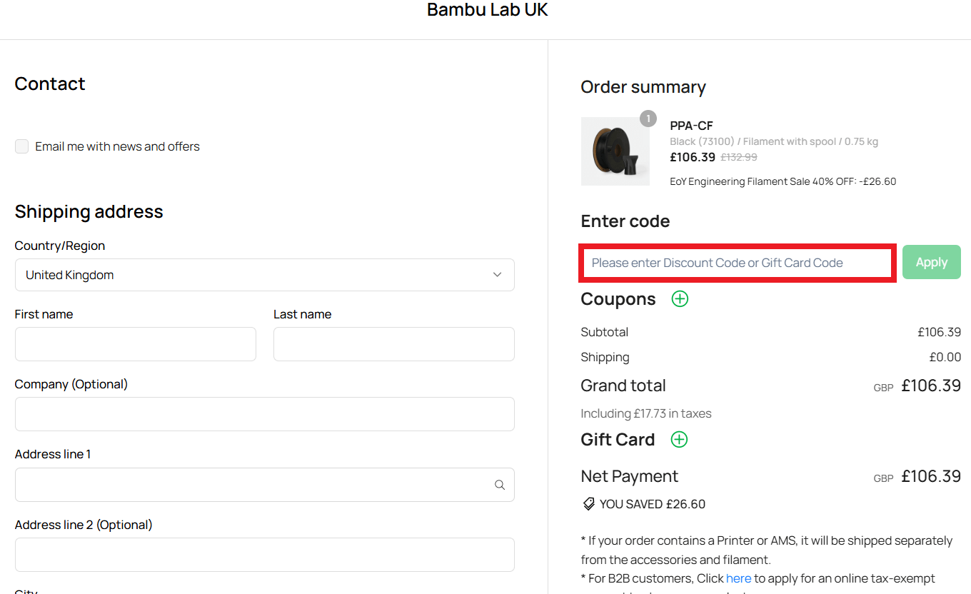 Bambu Lab discount code redemption picture