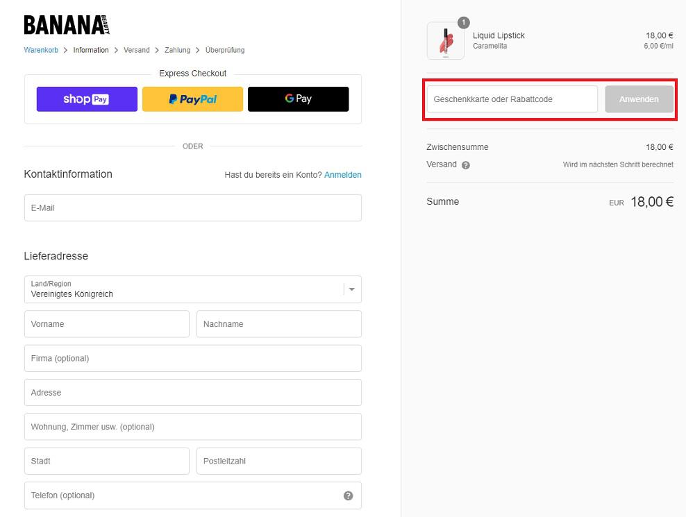 Screenshot der virtuellen Kasse mit Eingabefeld, wo sich der Banana Beauty Rabattcode anwenden lässt
