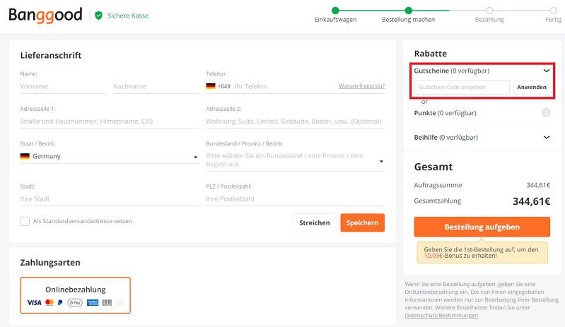 Screenshot aus dem Warenkorb mit dem Hinweis darauf, wo du den Banggood Gutschein einlösen kannst