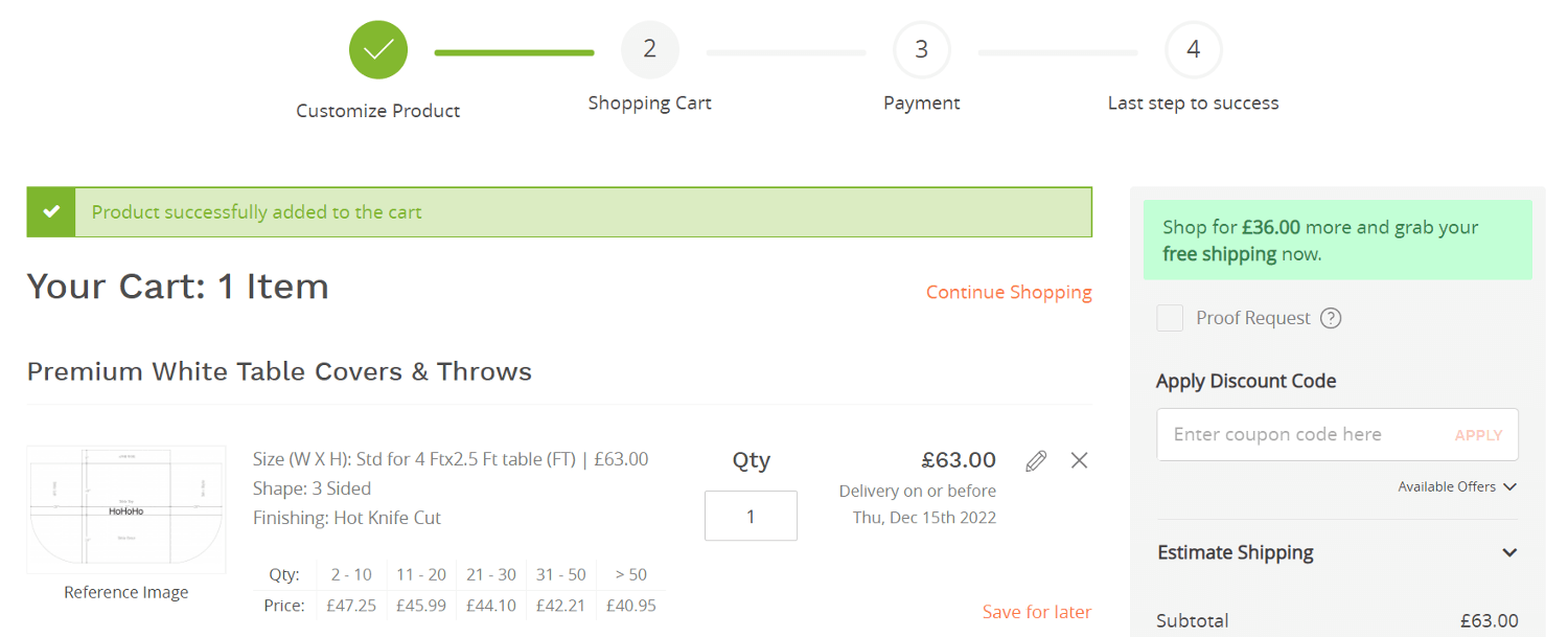 Banner Buzz discount code application box on the shopping cart page