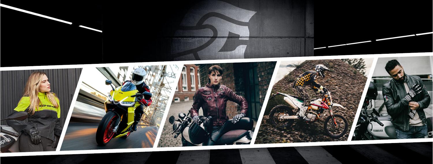 bannière photo FC-Moto constituée de 5 images montrant des motards et leur équipement