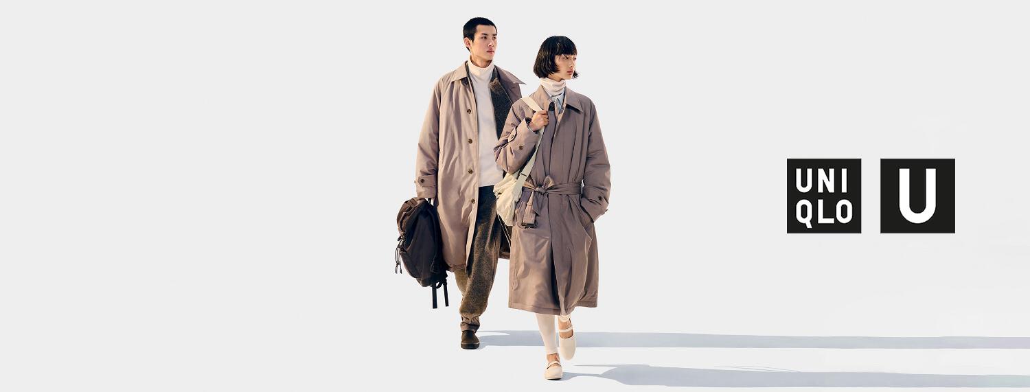 Bannière photo Uniqlo montrant un couple de mannequins portant des manteaux beiges
