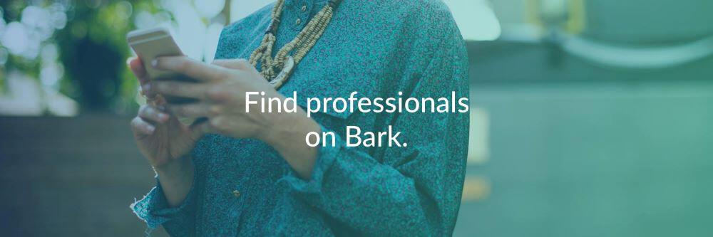 Woman using phone. Text reads: Find professionals on Bark