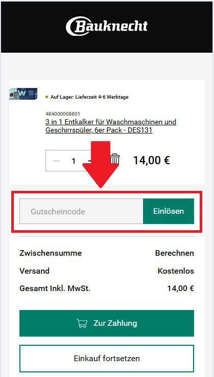 Screenshot vom Eingabefeld für einen Bauknecht Gutschein