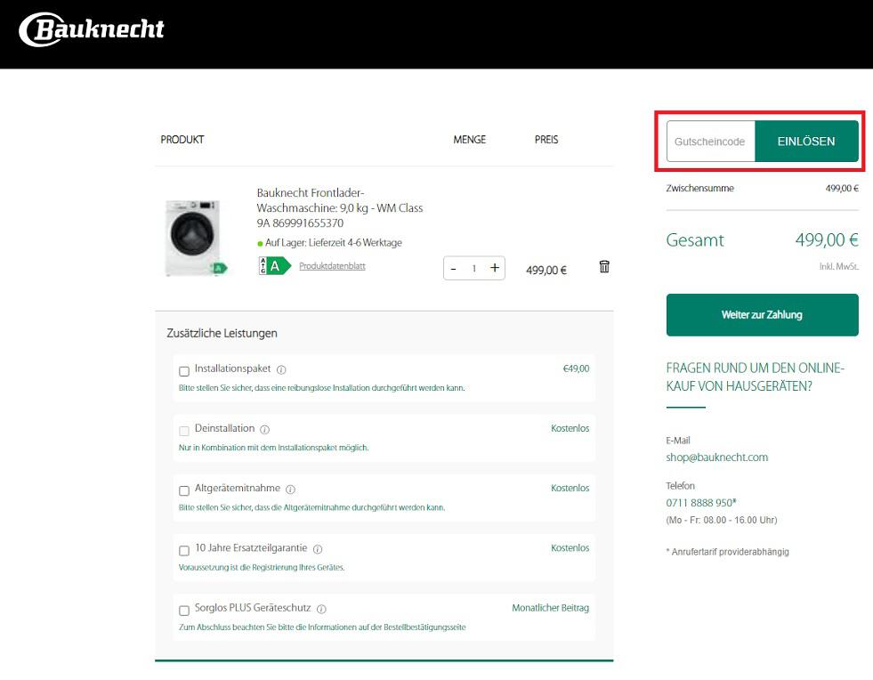 Screenshot aus dem Warenkorb mit Eingabefeld zum Bauknecht Gutschein einlösen