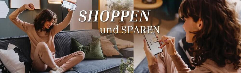 Banner für BAUR Rabatte zeigt jubelnde Frau mit BAUR App auf Smartphone und Aufschrift "Shoppen und Sparen"