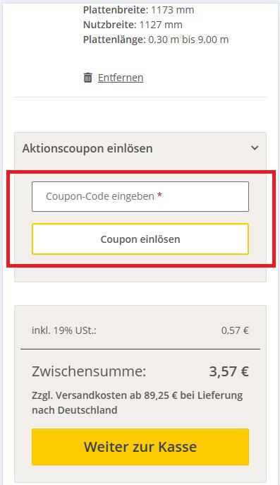 Screenshot vom Eingabefeld für den Baustoffhandel Carstensen Gutschein in der Warenkorbansicht