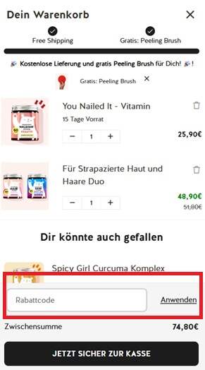 Warenkorb-Screenshot mit Eingabefeld, wo sich ein Bears with Benefits Gutschein einlösen lässt