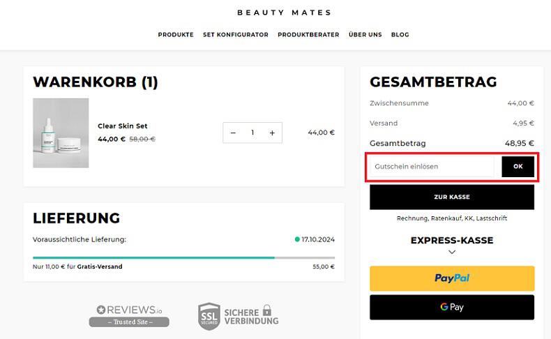 img: beauty-mates-gutschein.einloesen / alt: Screenshot aus dem Warenkorb mit Hinweis darauf, wie du den Beauty Mates Gutschein einlösen kannst.