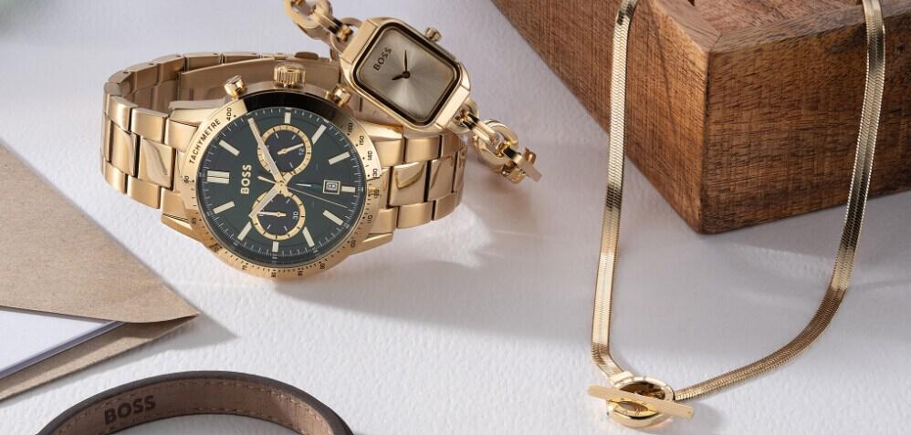 Beaverbrooks gifts image - Selection of gold Boss jewellery and watches