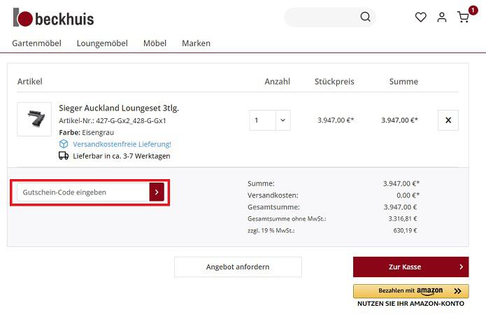 Screenshot aus dem Warenkorb mit Feld, wo du den Beckhuis Gutschein einlösen kannst