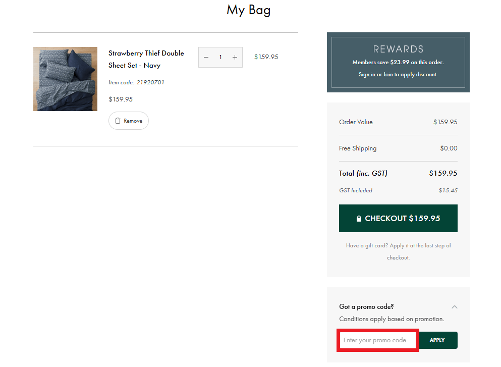 Bed Bath N Table discount code redemption box in shopping bag image