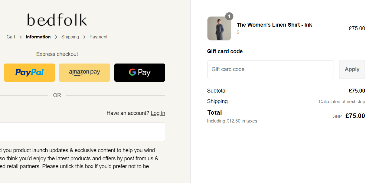 Bedfolk discount code box during checkout