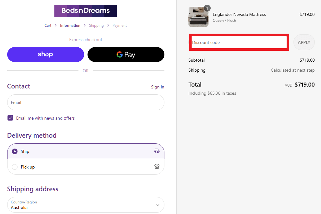 Beds N Dreams discount code box during checkout image
